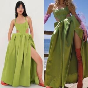 For Love & Lemons Virginia Pleated Cutout Satin Green Maxi Dress Sz XS